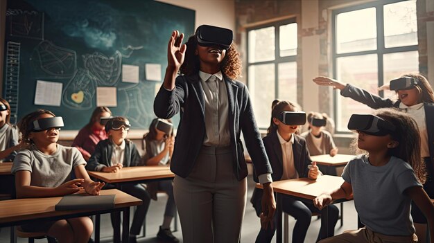 onderwijsinnovatie Vrouwelijke student met een virtual reality-bril sluit zich aan bij de leraar tijdens de les in een helder klaslokaal op school