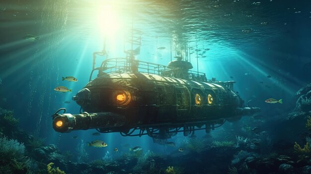 Foto onderzeeër in zee render 3d illustratie