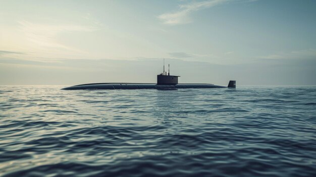 Onderzeeër opduikt in een rustige zee in de schemering