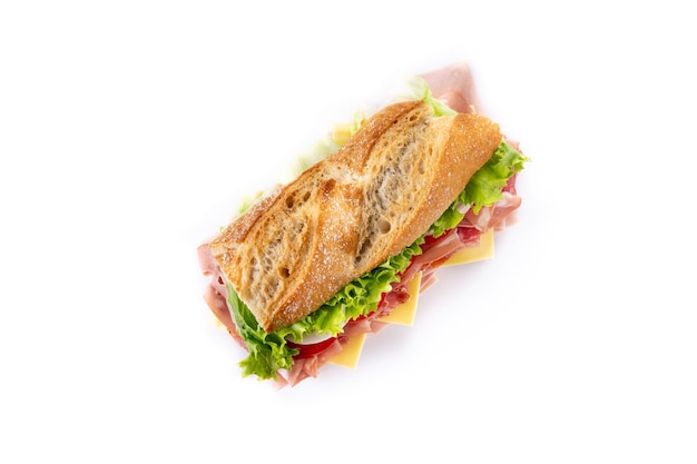 Onderzeese sandwich met ham, kaas, sla, tomaten, mortadella, en worst geïsoleerd