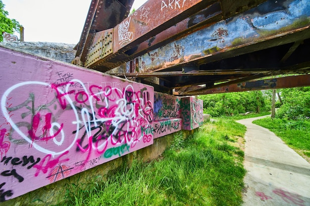 Onderzijde van de treinbruis met graffiti op de roze muur en corroderend metaal op de brug langs het parkwegpad