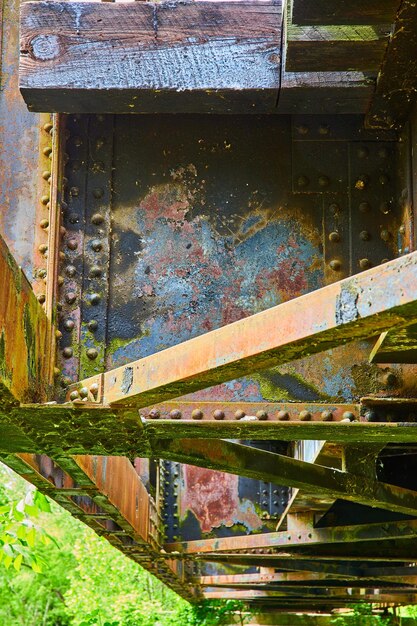 Onderzijde van een spoorwegbrug met groene en gele corrosie en blauwe roestbeschadiging