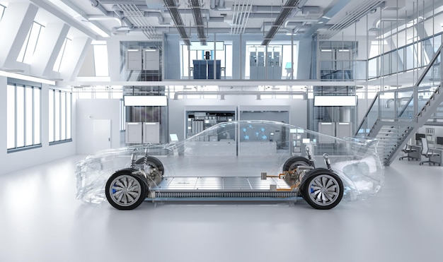 Onderzoek en ontwikkeling van elektrische auto's met e-auto's met een pakket batterijcellen op een platform in het laboratorium