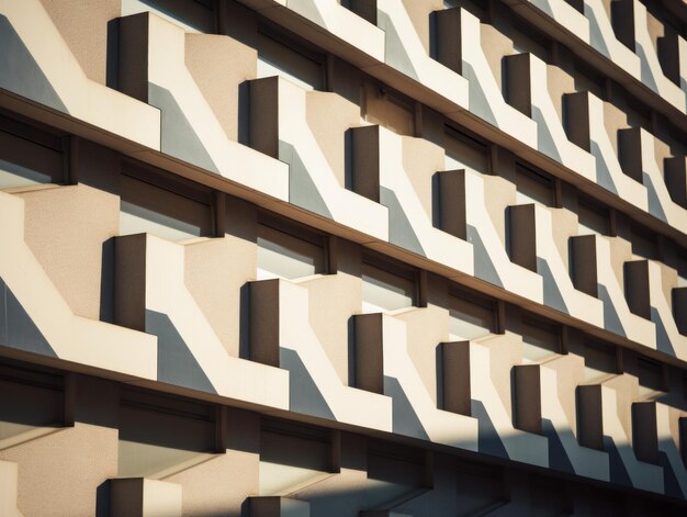 Onderzoek naar de industriële materialen en contrasterende schaduwen op een op Bauhaus geïnspireerde gevel van een gebouw