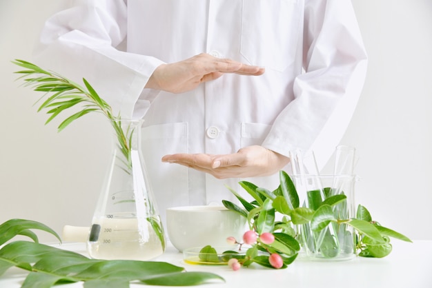 Onderzoek naar natuurlijke huidverzorgingsproducten, onderzoek naar groene organische kruidenessentie in het wetenschapslaboratorium, handgeneeskundig product voor dermatologie.