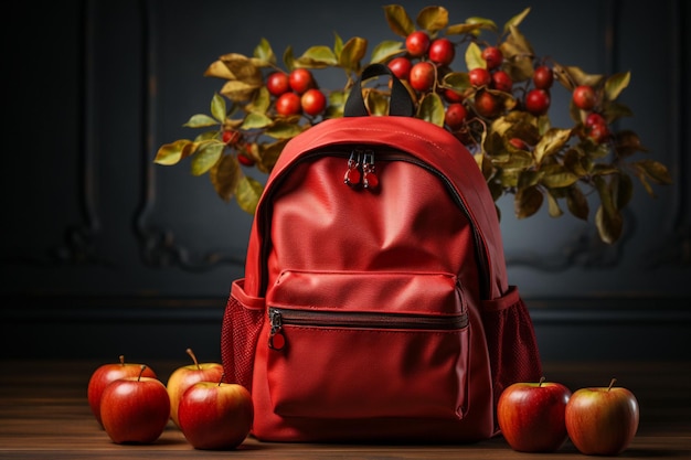 Onderzoek naar schooltassen, rugzakken en studentenaccessoires in een stilleven met een herfstthema