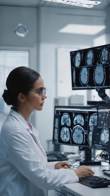 Onderzoeker kijkt naar een monitor die hersenscans analyseert terwijl een collega met de patiënt in de achtergrond bespreekt