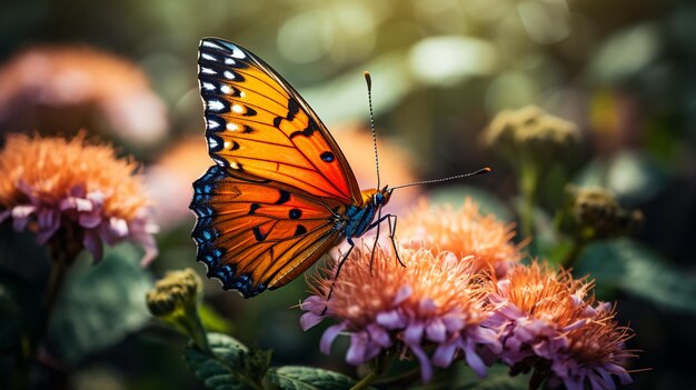 Ondiepe focusopname van een oranje vlinder op een gele bloem, gegenereerd door AI