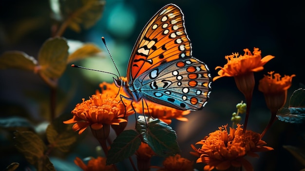 Ondiepe focusopname van een oranje vlinder op een gele bloem, gegenereerd door AI