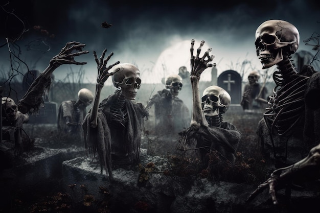 Ondoden stijgen op van begraafplaats met botten en schedels