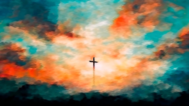 Onduidelijke abstracte achtergrond van een schilderij in waterverf met een conceptueel kruis of een ander religieus symbool over een hemel bij zonsondergang met wolken als God Generatieve AI illustrator