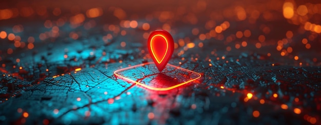 Onduidelijke achtergrond van de kaart met rood speldlicht in het midden 3D-weergave van locatiemarkering