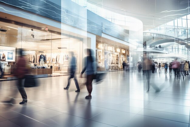 Onduidelijke achtergrond van een modern winkelcentrum met enkele shoppers gegenereerd door AI