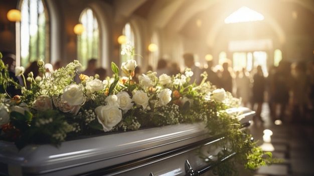 Onduidelijke achtergrond van mensen die in de kerk kwamen om afscheid te nemen van een overleden familielid