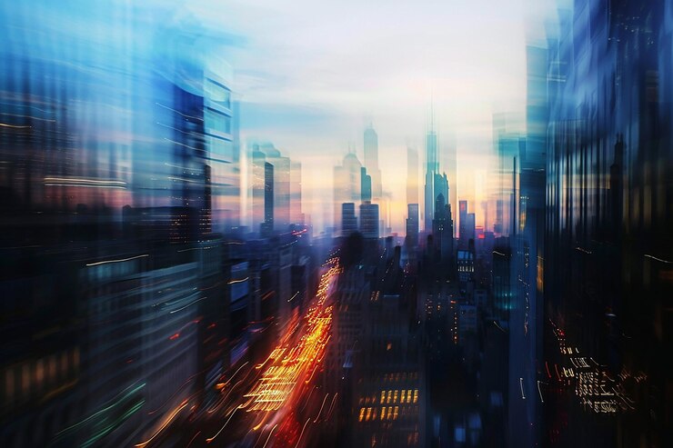 Onduidelijke beweging van een futuristisch stadsbeeld in de schemering