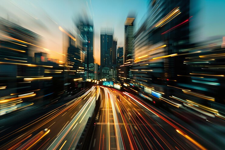 Onduidelijke beweging van een futuristisch stadsbeeld in de schemering