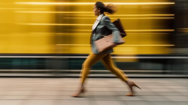 Foto onduidelijke beweging van energieke zakenvrouw loopt naar een zakelijke bijeenkomst concurrentie concept