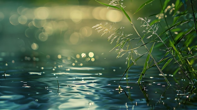 Onduidelijke bokeh-lichtpunten in een wateroppervlak met weideplanten Generatieve AI