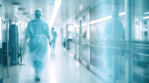 Onduidelijke figuren van mensen met medische uniformen in de ziekenhuiscorridor