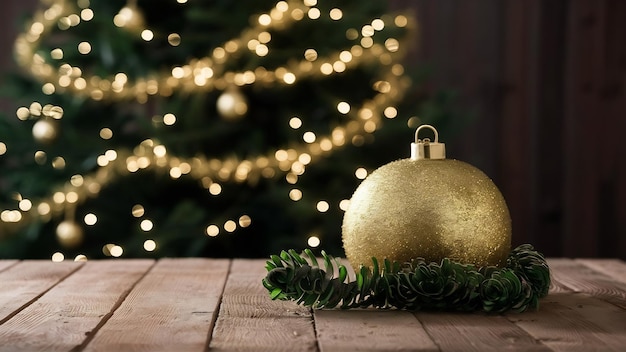 Onduidelijke gouden krans op kerstboom als achtergrond en houten tafel als voorgrond