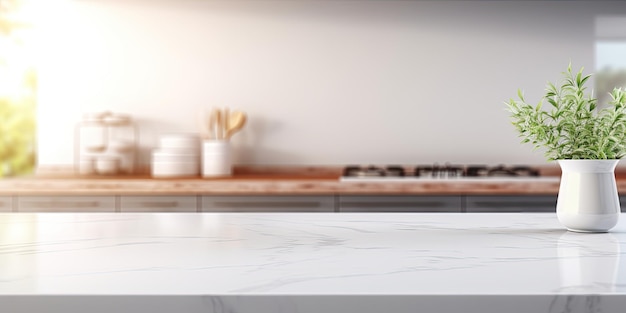 Onduidelijke moderne keuken achtergrond met een luxe witte tafel voor productvertoning ed