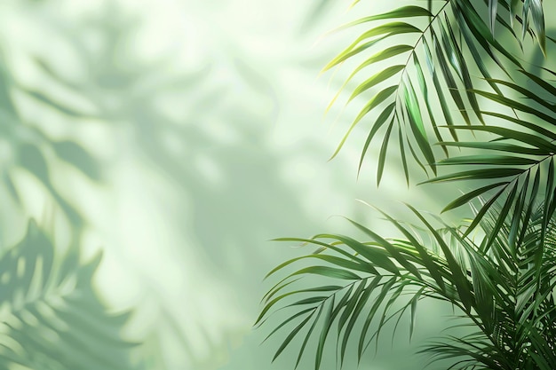 Onduidelijke palmbladenschaduw op lichtgroene achtergrondbanner met kopieerruimte voor ontwerp