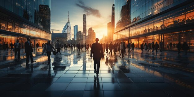 Onduidelijke zakenlieden lopen in het stadhuis landschap panoramisch uitzicht op mensen die de weg oversteken zonsopgang generatieve ai