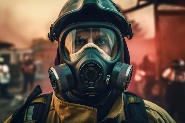 Onduty brandweermanportret met gasmasker en helm naast Generative AI van brandweerwagen