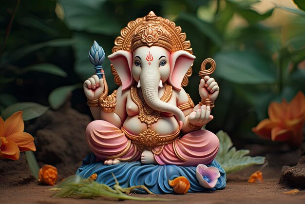 One of 3d printed ganesha statues in traditional colors on lotus background