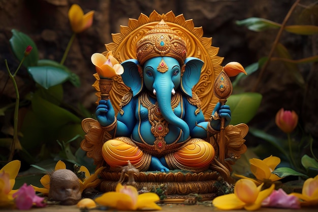 One of 3d printed ganesha statues in traditional colors on lotus background