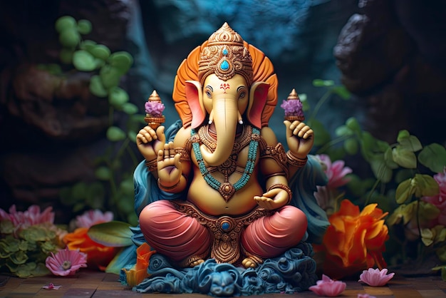 One of 3d printed ganesha statues in traditional colors on lotus background