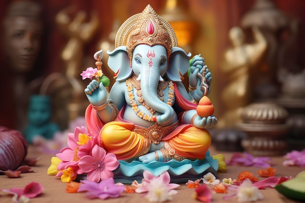 One of 3d printed ganesha statues in traditional colors on lotus background