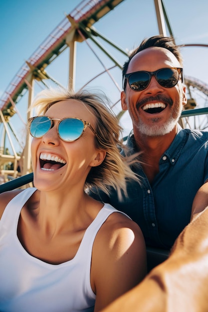 One adult couple have fun together riding rollercoaster in luna park during festive holiday or vacation Youthful people enjoy and laugh a lot in thematic amusement park Happiness leisure outdoor