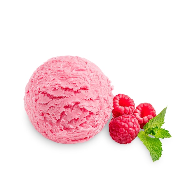 One ball of pink refreshing sweet berry ice cream with juicy raspberries and mint leaf on white