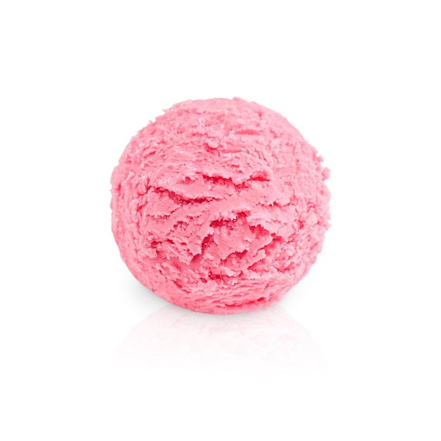 One ball of refreshing cold organic ice cream of pink color of berry flavor on white background