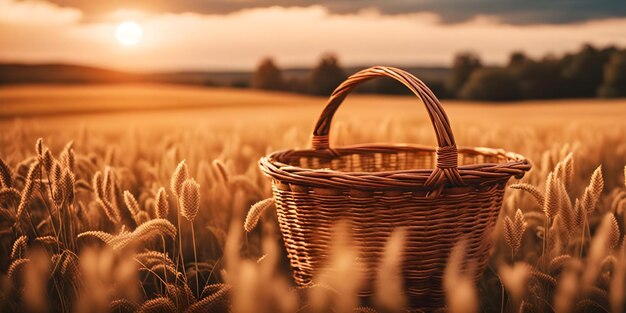 Foto un cesto in un ampio campo cattura l'eleganza della semplicità in mezzo alla bellezza della natura generati