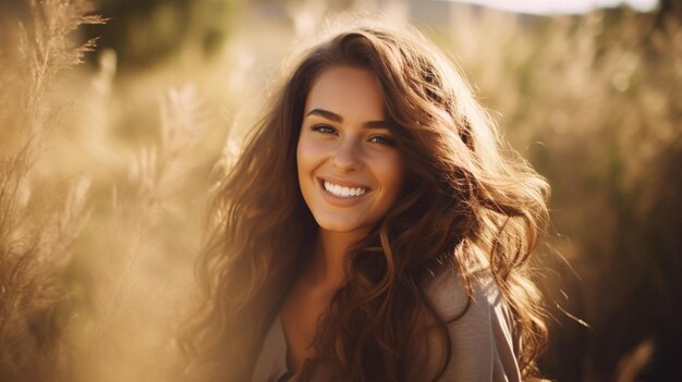 One beautiful woman outdoors in nature looking at camera