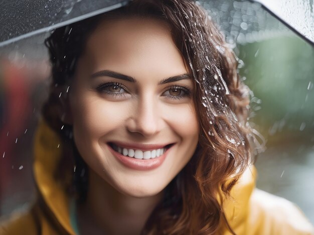 One beautiful woman smiling looking at camera enjoying the rain