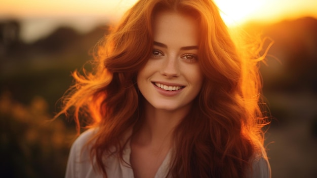 one beautiful woman smiling outdoors at sunset