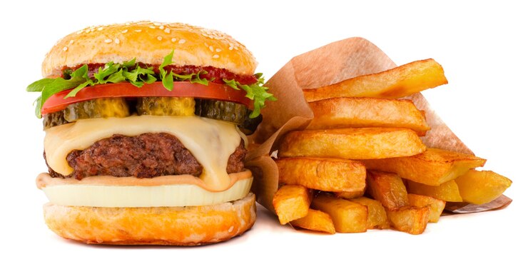 Photo one big tall classic hamburger burger cheeseburger with french fries isolated on white background