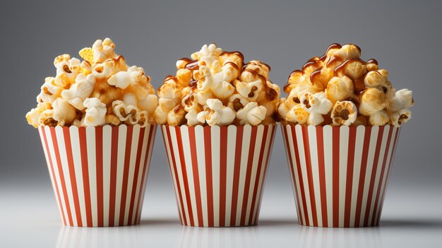 One big and two small pop corn packet cups on white background