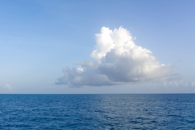 海の水のパノラマの地平線上の海の風景の雲の上の青い空に1つの大きな白い雲