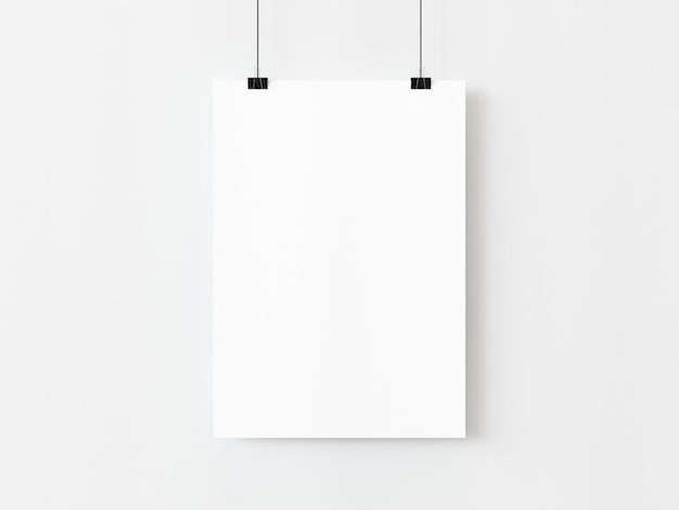 One blank vertical rectangle poster template hanging thread with paper clips on white background 3D