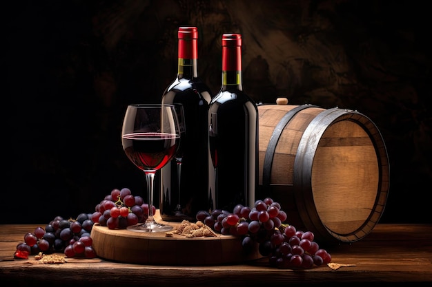 One bottle of red wine on a barrel with two glasses