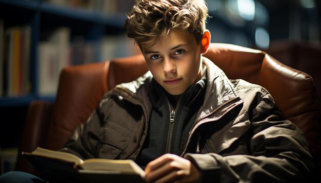 Фото Один мальчик читает книгу, сидя на диване и смотрит на камеру, созданную искусственным интеллектом.