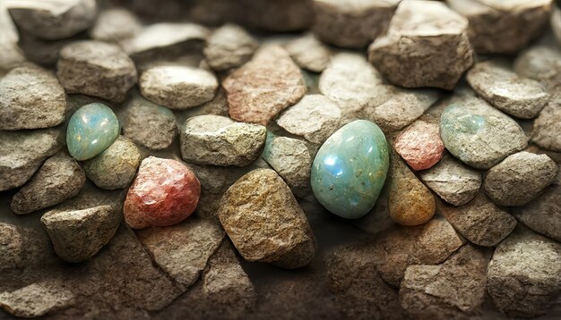 One bright gem amount other regulars stones. Small stones gravel texture Small pebbles texture