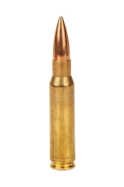 One bronze rifle bullet on white background