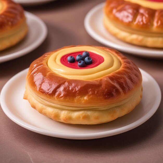 One bun with cream and berries on the table Sweet pastries