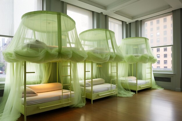 Photo one bunk bed designs with mosquito net installed on the lower interior design