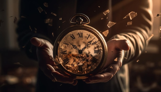 One businessman holding an old fashioned antique clock working towards success generated by AI